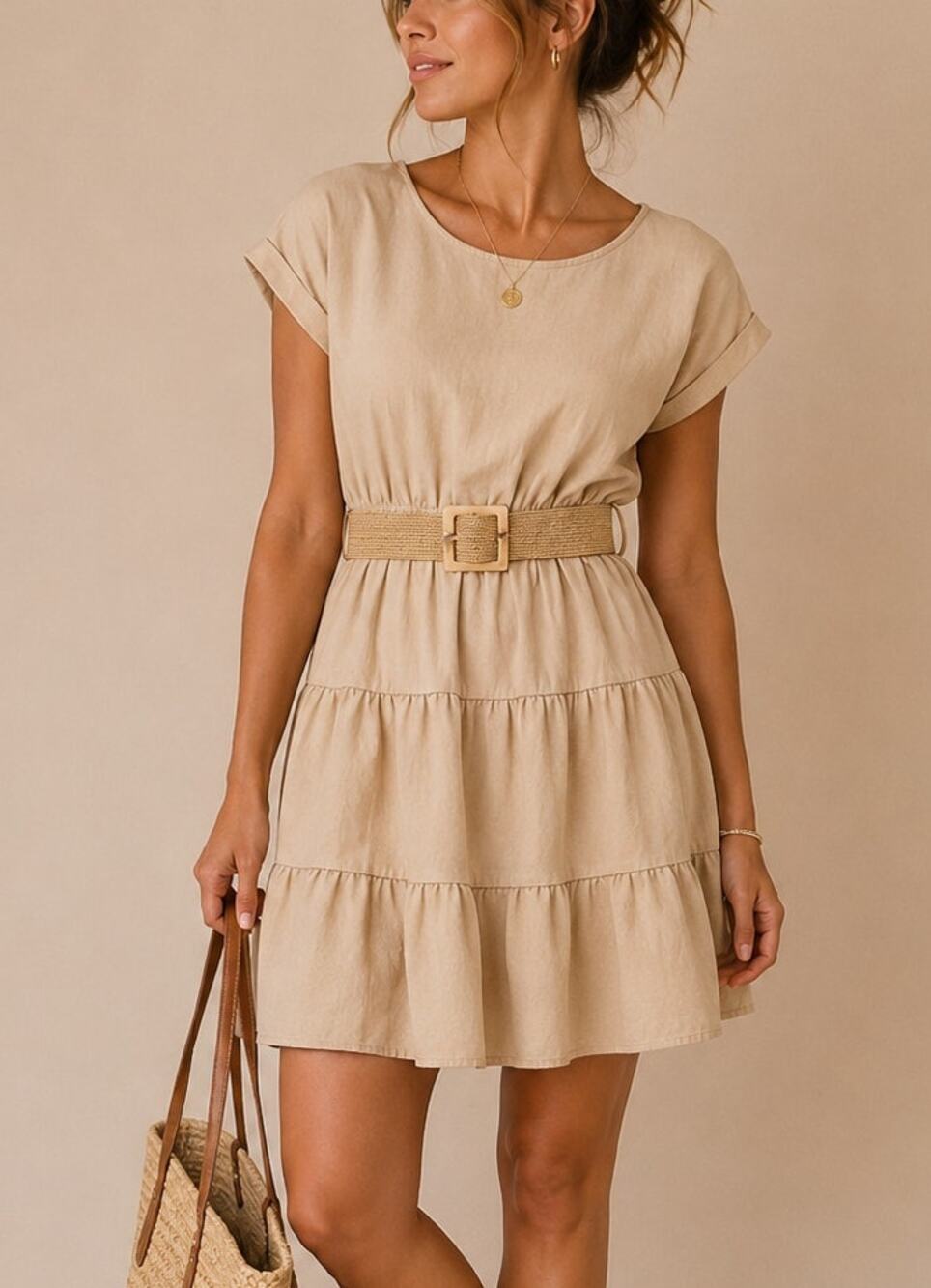 Womens Tiered Belted Ruffle Dress Medium Beige Boho Granola Quiet Luxury Fall